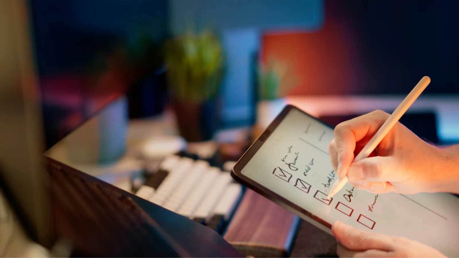 A hand completing a checklist on a tablet before sending documents